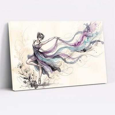 «Ballerina with Masquerade Mask» en aquarelle mauve, art mural