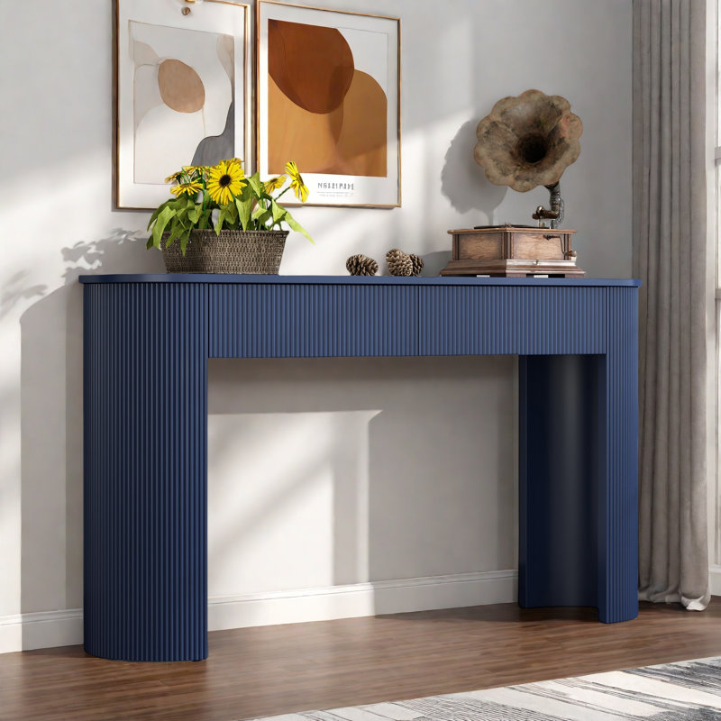 Modern Console Table With Oval Top, 2 Drawers And Fluted Design, Navy