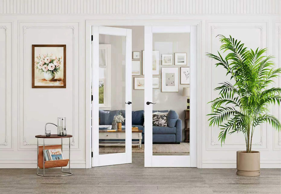 White French interior doors with glass panels and black hardware, installed in a bright room with wainscoting, a potted plant, and a side table.