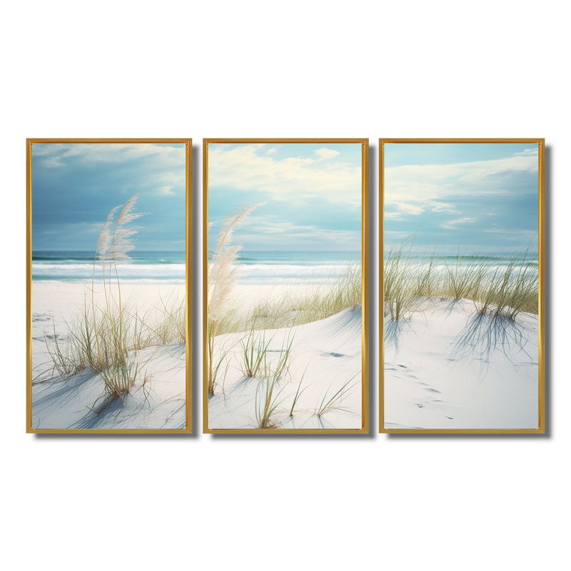 «Ocean Breeze Of Serenity Beach Grass By The Ocean», ensemble d'art mural sable de plage côtière, Cadre flottant doré