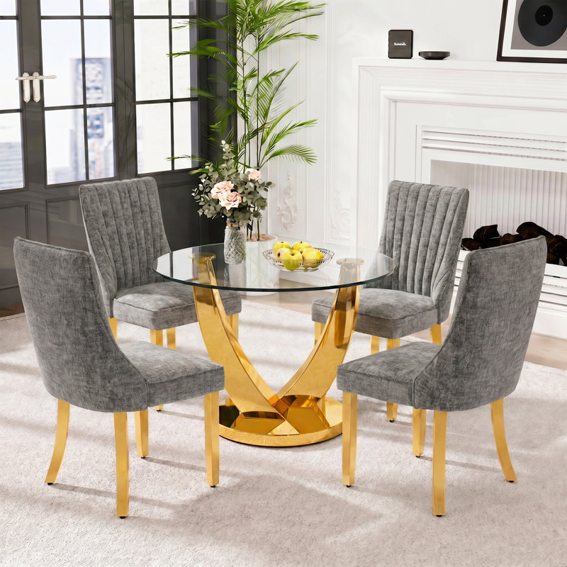 38.9" Round Glass Dining Table Set for 4, Modern 5-Pieces Kitchen Table set, Tempered Glass Table with 4 Chenille Upholstered Chairs, for Kitchen, Dining and Apartment