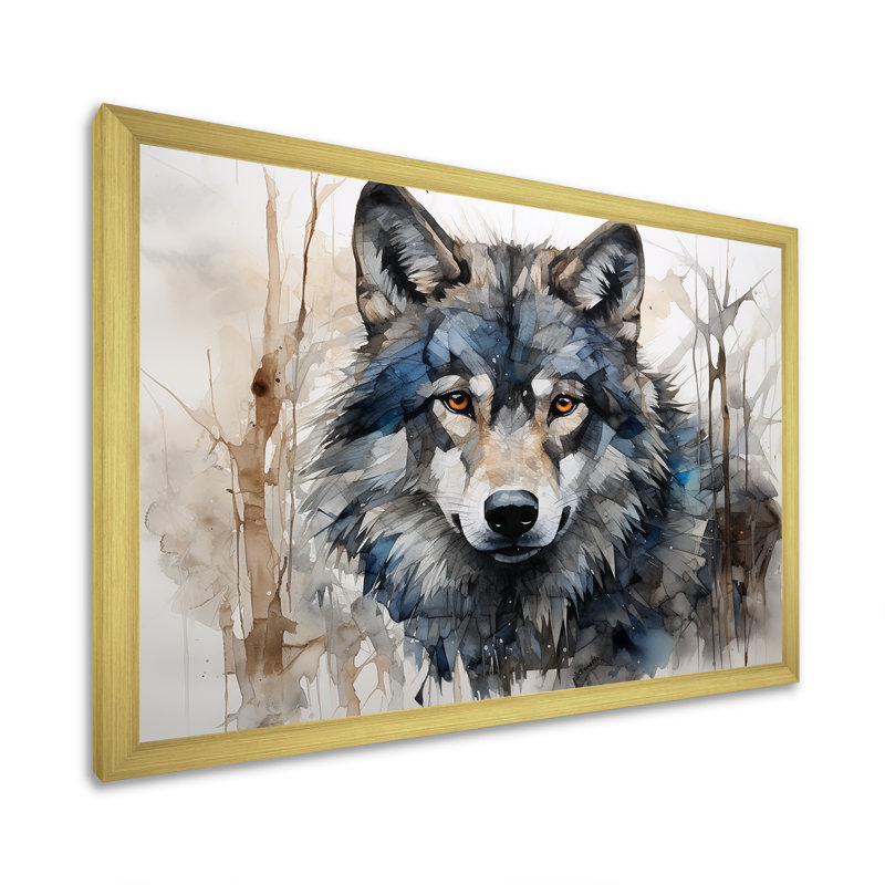 Minimalisme bleu et gris, expression du loup sur toile - loup, H 12 po x l 20 po x P 1 po, Cadre doré simple
