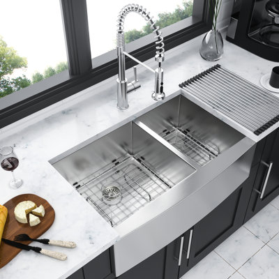 16 Gauge, 36" Double Bowl, Stainless Steel, Kitchen Sink, X - Shaped Water Guide, Pad, Brushed Nickel, Drain Assembly, Installation Clips Dish Grid, Drying Rack