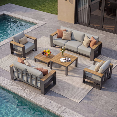 Aluminum Outdoor Patio Furniture Set With 2 Wood-Grain Coffee Tables,7-Person Outdoor Conversation Set With Wide Armrests,Outdoor Sectional Furniture Set For Porch,Balcony,Garden,Light Gray