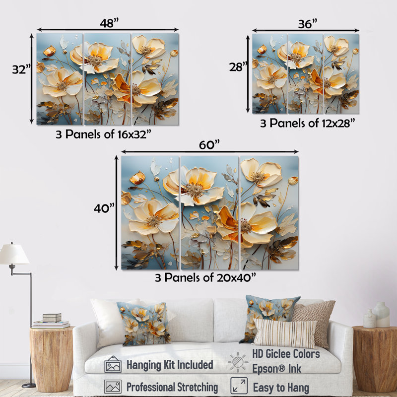 Jaune et gris, coquelicots, spatule, art I - ensemble d'art mural champ de fleurs, H 40 po x l 60 po x P 1 po