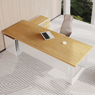Burlywood,White L-Shaped Solid Wood Executive desk with drawers desk