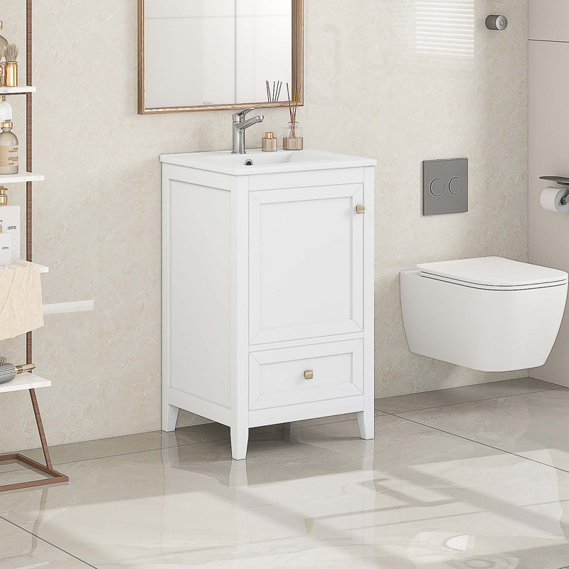 Meuble-lavabo de 20 po avec lavabo, armoire avec porte à fermeture douce, support de rangement et 1 tiroir, Blanc