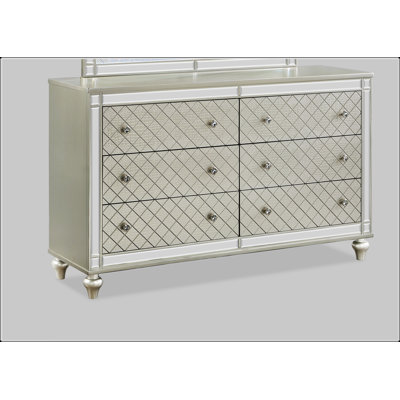 Commode de chambre à 6 tiroirs Glam avec façades de tiroir à motif de losanges et finition argentée pour un rangement élégant