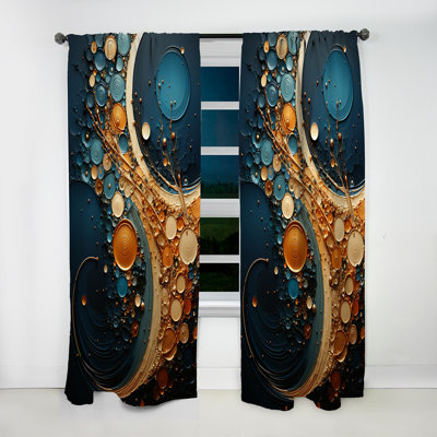 Gold Teal Abstract Spirals II - Modern Curtain - Velvet Room Darkening - 1 Panel