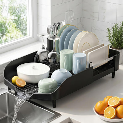 Égouttoir à vaisselle, égouttoir à vaisselle extensible pour comptoir de cuisine, égouttoir à vaisselle avec porte-ustensiles, organisateur d'assiettes de cuisine pour tasse et bouteille, (noir)