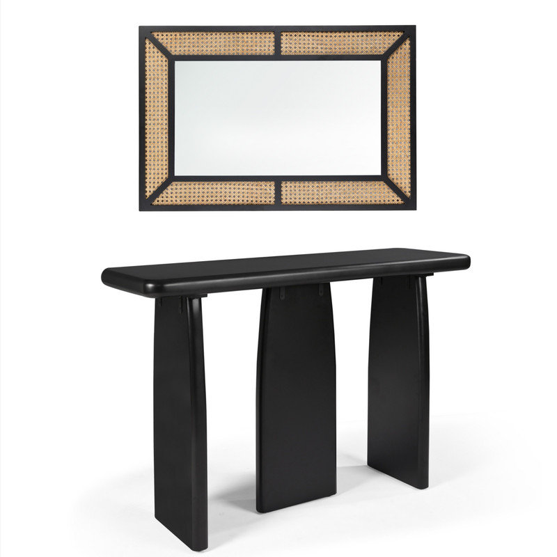 Ensemble de 2 consoles en bois noir et miroir mural en rotin Brandy 2 pièces Adelin