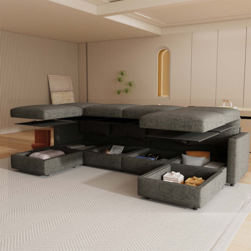 Grand canapé modulaire moderne en U avec rangement, tissu chenille, canapé-lit de 123 pouces et repose-pieds pour le salon