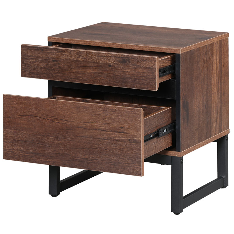 Nellie Modern End Table With 2 Drawers, Farmhouse Sofa Table With Black Square Leg, Wood Rustic Side End Table For Living Room, Nighstand For Bedroom, Oak