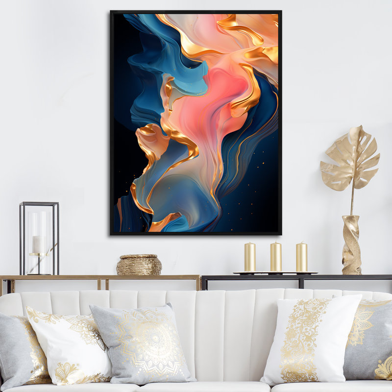 Encre liquide abstraite rose et or II - encre liquide abstraite, art mural, Cadre flottant noir, H 32 po x l 24 po