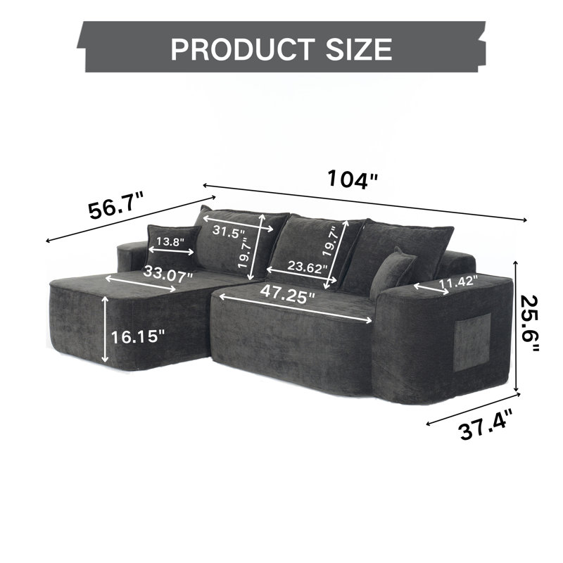 Canapé modulaire en L en chenille à assise profonde avec méridienne de 56,7 po, Chenille noir
