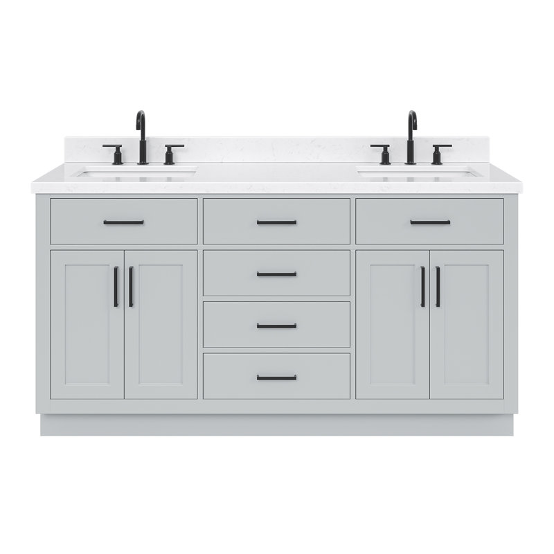 Meuble-lavabo double en bois massif 66 po avec plateau en quartz Carrara de 1,5 po Thornaby, Forme rectangulaire