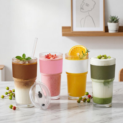 4-Pack 20oz Ribbed Glass Tumblers with Lids, Straws & Silicone Sleeves, Reusable Iced Coffee Cups