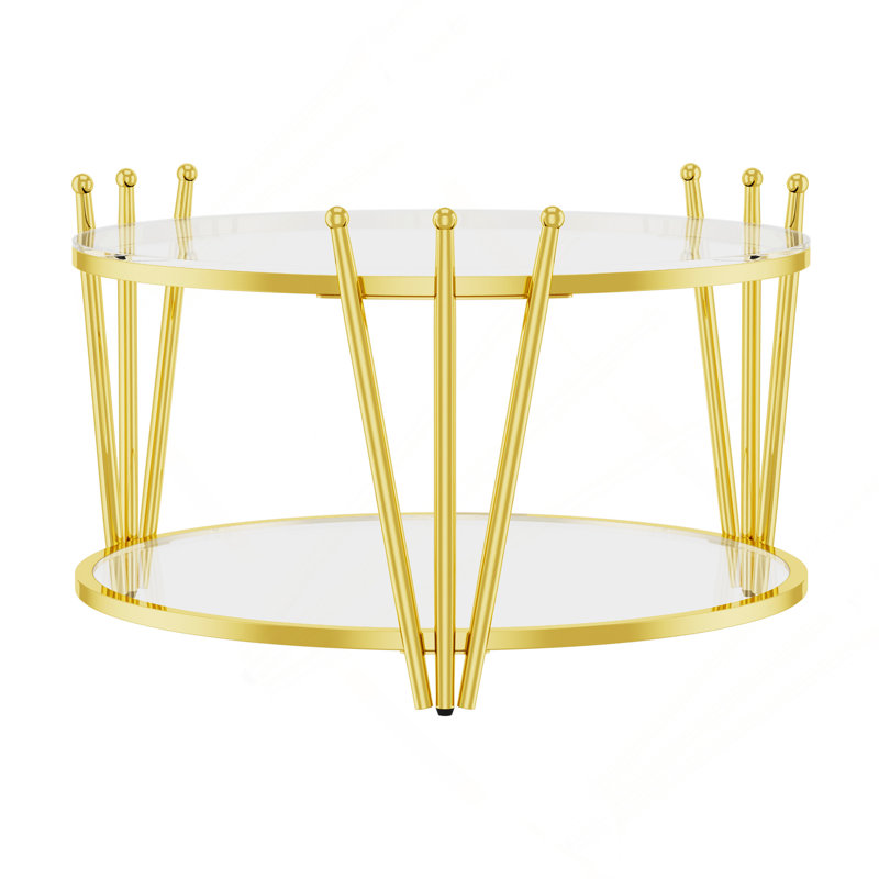 31.5Inch Modern Luxury Gold Coffee Table For Living Room, Stainless Steel Leg Crown Design, Round 8Mm Clear Tempered Glass Sofa Center Table