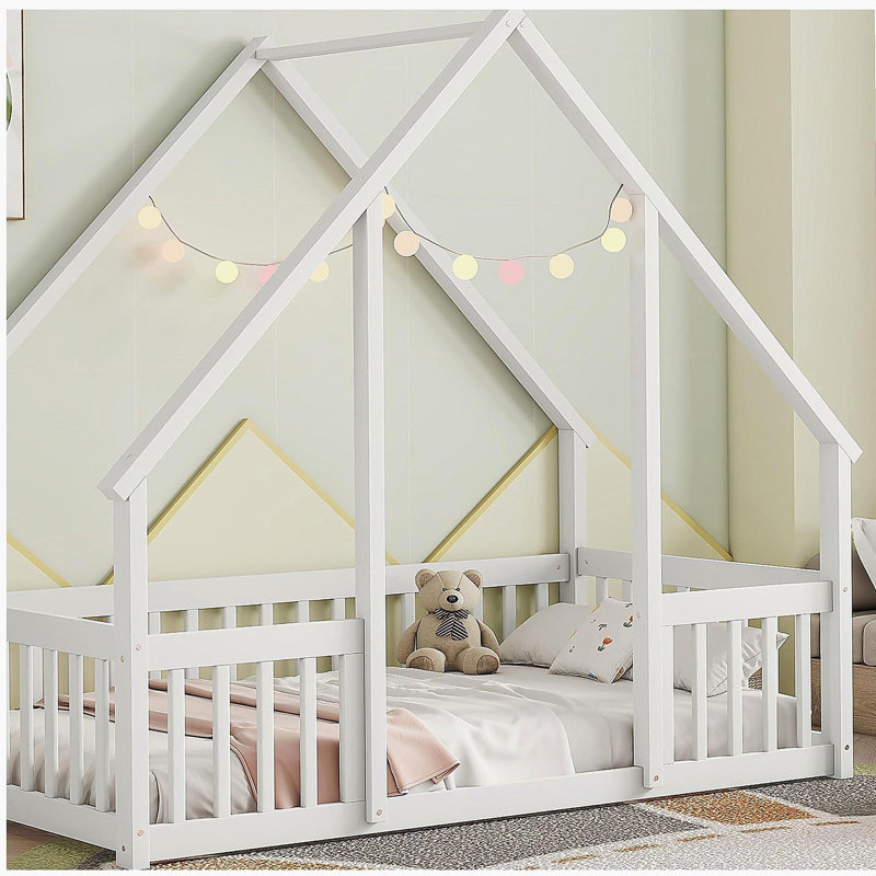 Lit en bois en forme de maison avec rampe, main courante, Lit simple, Blanc