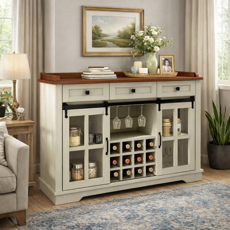 Buffet de 53 po avec porte de grange coulissante, porte-bouteilles, 3 tiroirs et station de charge