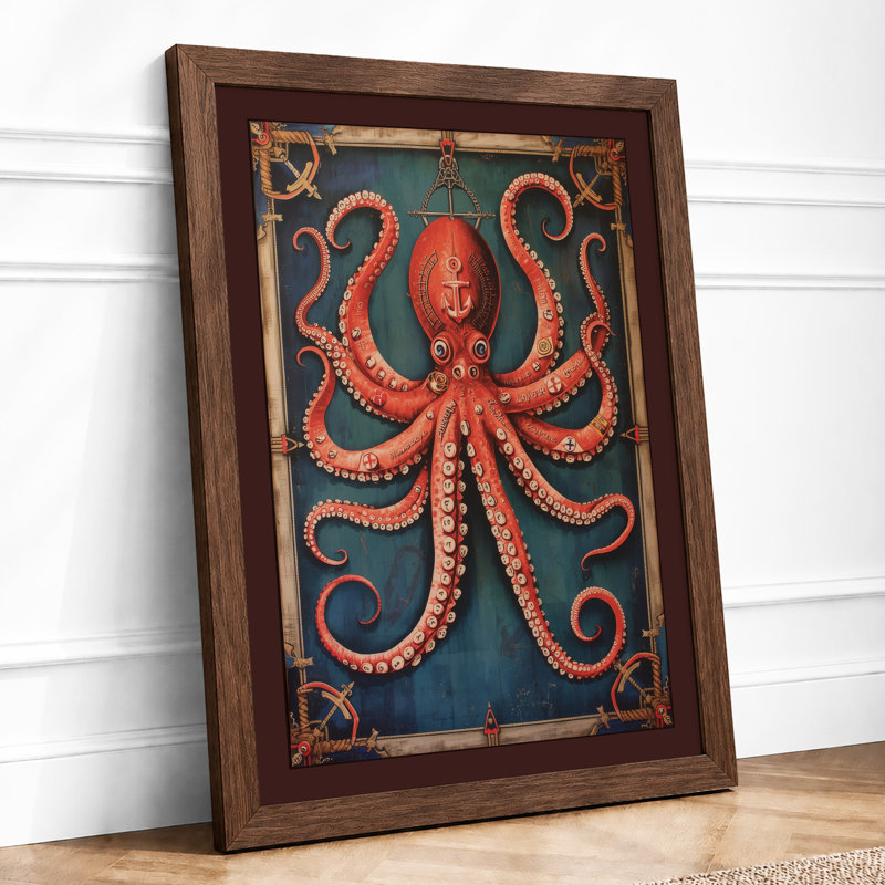 Ornamental Octopus Art Deco - Framed Print, A3 - 42.0 x 29.7 cm, Walnut