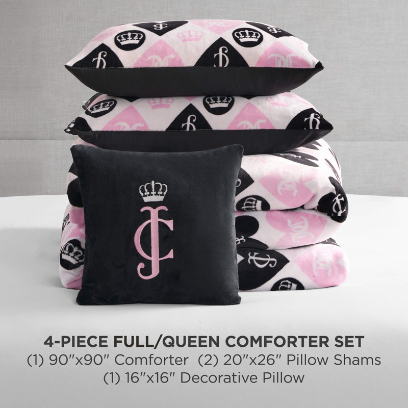 Juicy Couture Plush Queen Heart Logo Reversible Comforter Sets, Full/Queen Comforter + 3 Additional Pieces