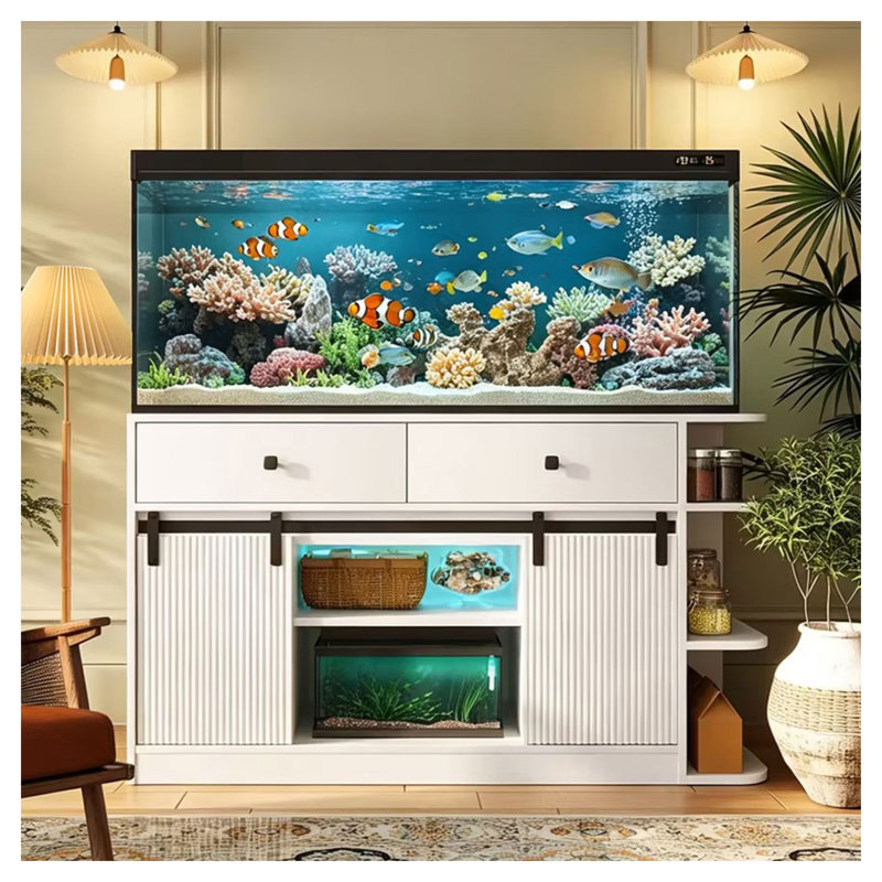 Support d'aquarium blanc en MDF pour réservoirs de 55 à 75 gallons avec lumière DEL et prises de courant