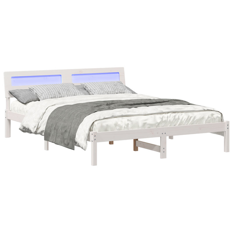 With LED Strip Lights With Headboard Solid Pine Wood, White, European Kingsize (160 x 200 cm)