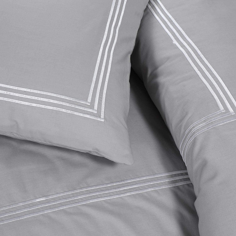 My Home Store Junco Duvet Cover Set Microfiber 3 Piece Luxury Bratta Stitch Duvet Cover Sets With Pillowcase, Grey/White