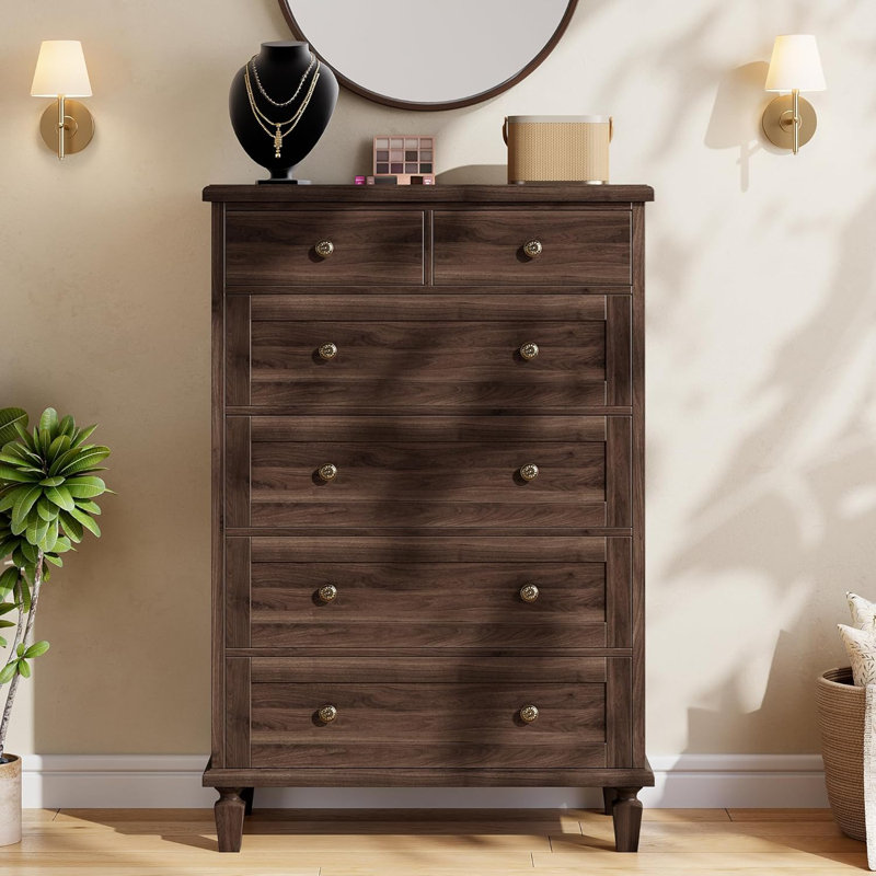 Vintage 6-Drawer Tall Dresser with Tapered Legs, Wood Chest, Dark Brown, Tan