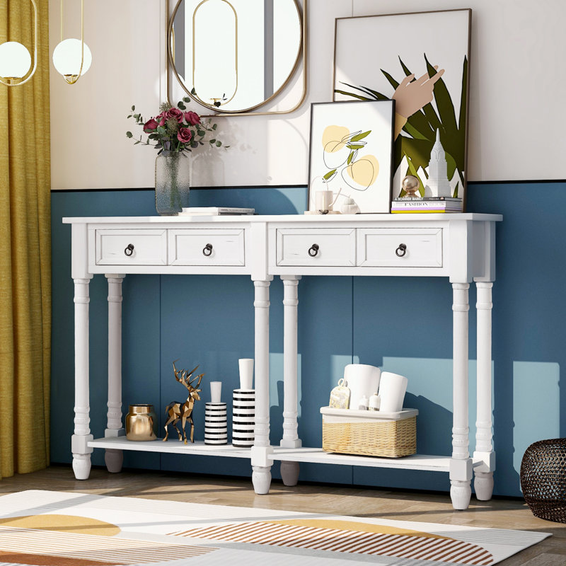 Console en bois massif de 57,9 po, Blanc antique, Blanc antique
