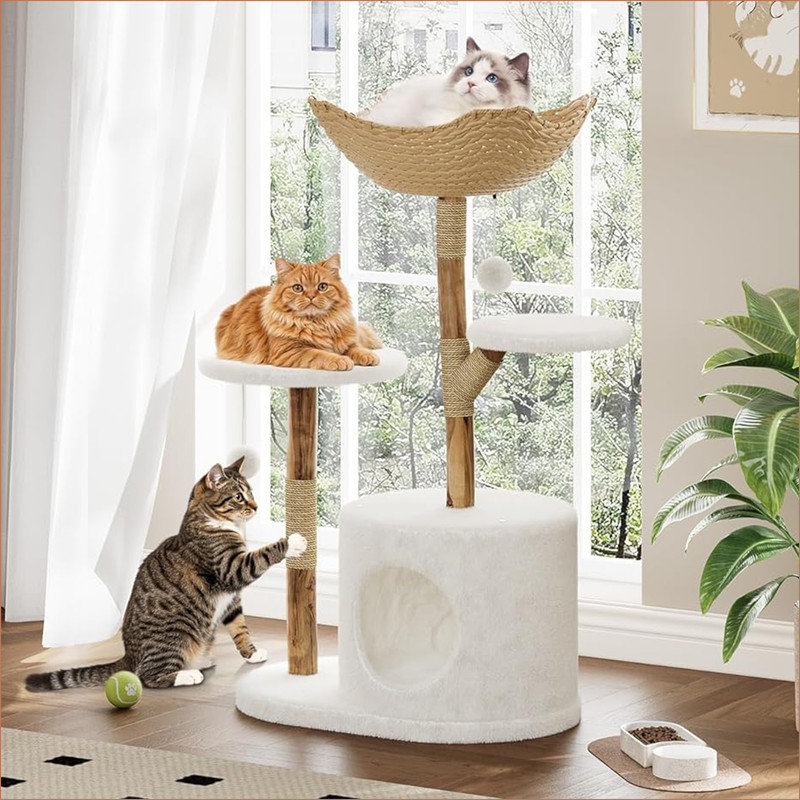 Arbre à chat de 43 po en bois naturel moderne pour chat avec tour de chat avec grand panier, poteaux à griffes et branches réelles, arbre de chat blanc de luxe sur un perchoir