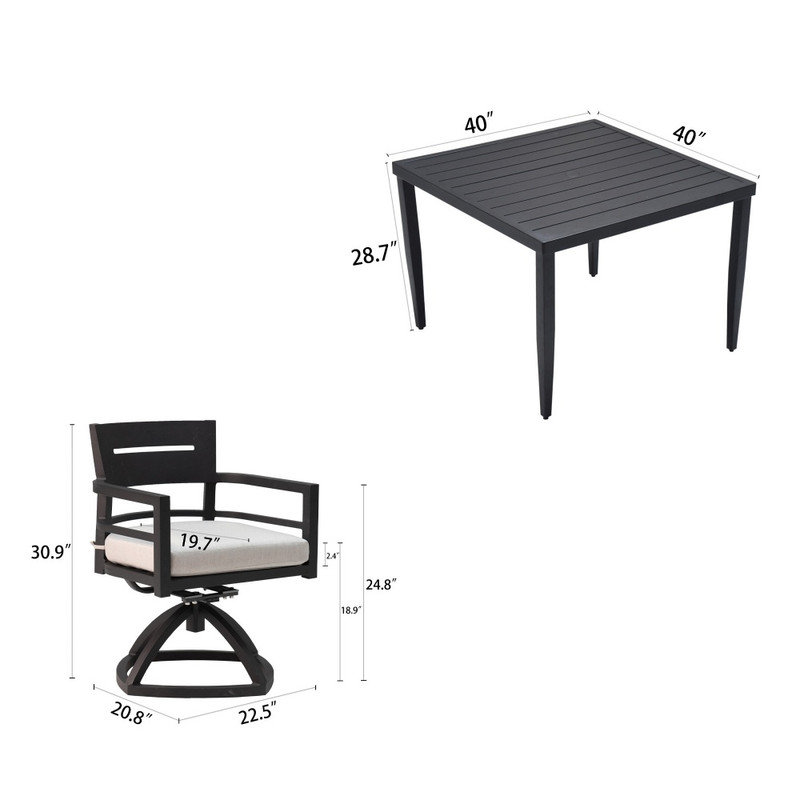 Ensemble de patio moderne en aluminium 5 pièces avec 4 chaises berçantes pivotantes et table de salle à manger carrée de 40 po