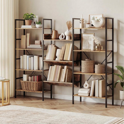 Triple Wide 4-Tier Industrial Bookshelf, 11 Adjustable Open Display Shelves, Large Rustic Bookcase with Metal Frame, Storage Organizer for Living Room Home Office, Brown