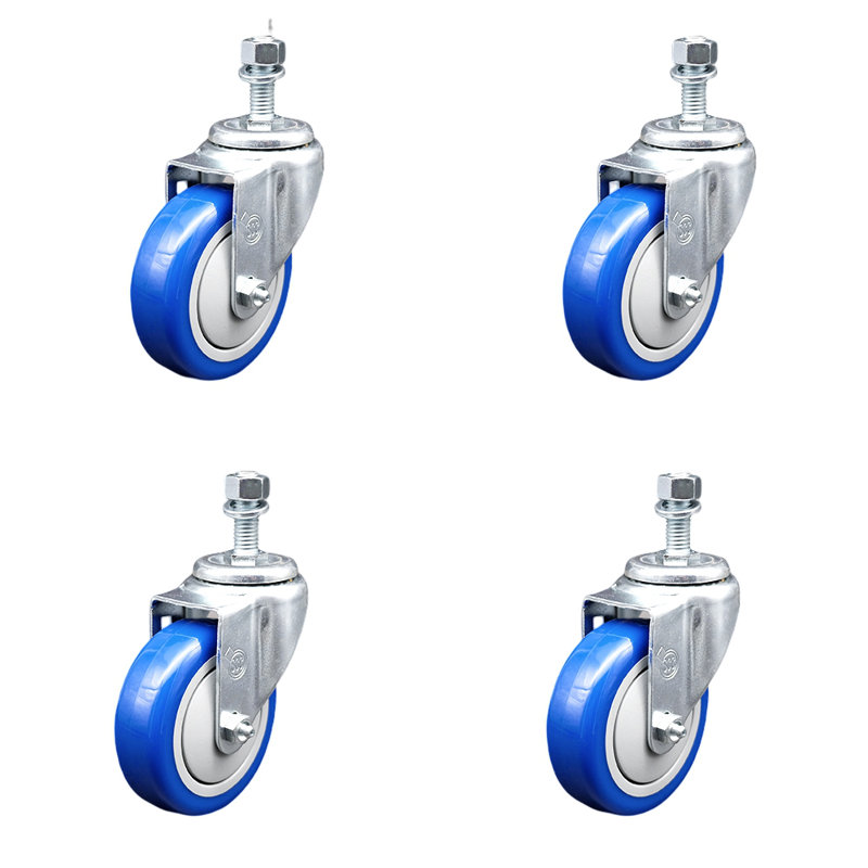 Ensemble de roulettes à tige filetée en polyuréthane pivotant de 4 po ½ po SCC, Bleu