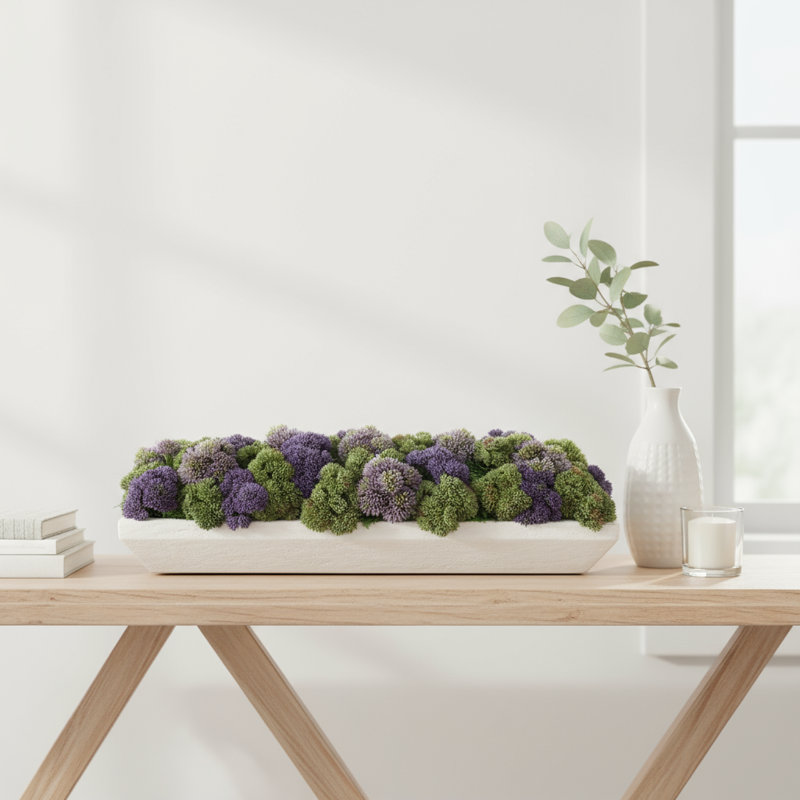 Sedum Arrangement in a Rectangular Wood Planter, White    