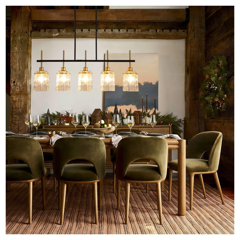 Farmhouse Chandelier 5-Light Linear Pendant Light for Dining Room, Kitchen Island Lighting with Water Ripple Glass Shades, Adjustable Black & Gold Hanging Fixture