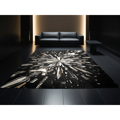Machine Washable Bemott Modern Geometric Shapes Rug in Black – Black Binding