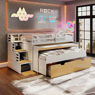 Twin XL Loft Bed with Pull-Out Desk, Twin Trundle, and Storage, Multi-Functional Space-Saving Design for Gaming and Work