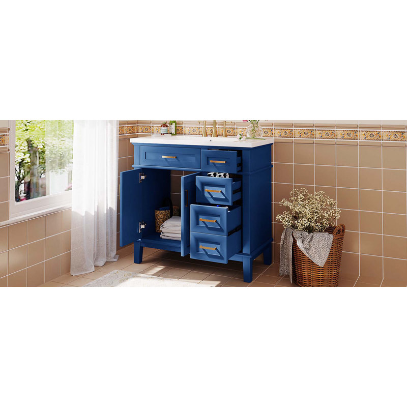 Meuble-lavabo moderne avec lavabo en résine, 2 portes à fermeture douce et 4 tiroirs, Bleu