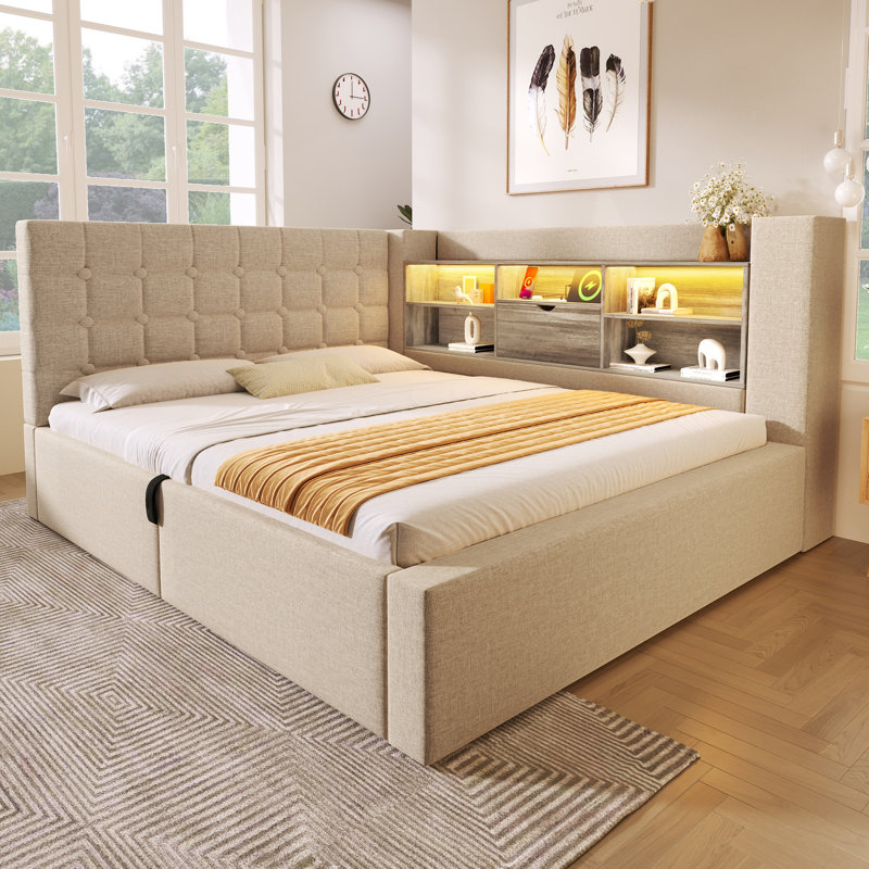 L-Shaped Storage Bed Frame with LED Headboard, USB Charging & Hydraulic Lift - Linen Upholstered, Beige