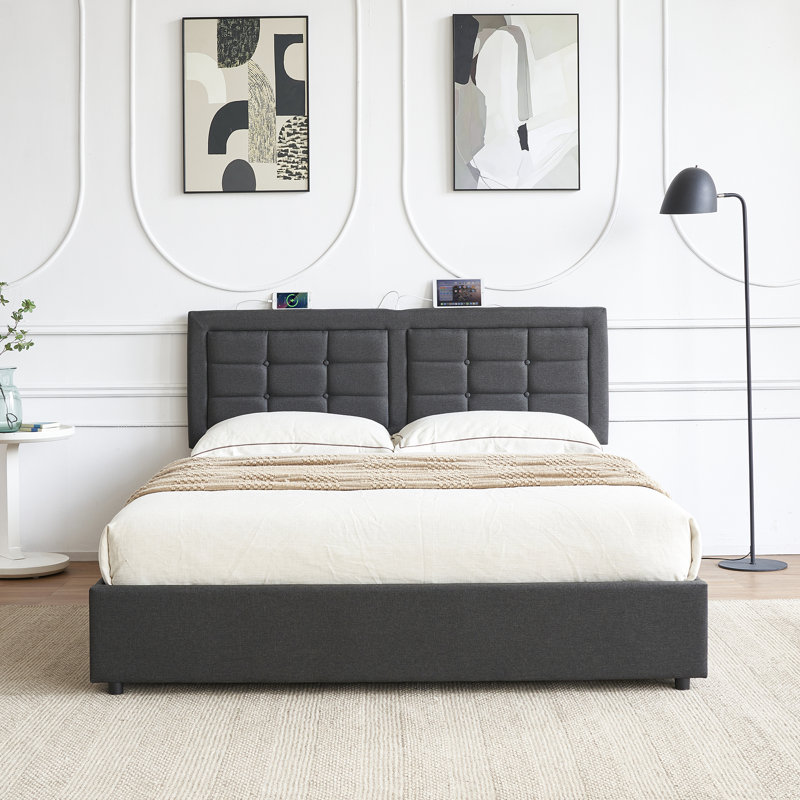 Base de lit pleine grandeur avec 4 tiroirs de rangement et tête de lit capitonnée réglable Kempst, lit plateforme tapissier avec station de charge USB et de type C, support de lattes en bois, aucun sommier nécessaire