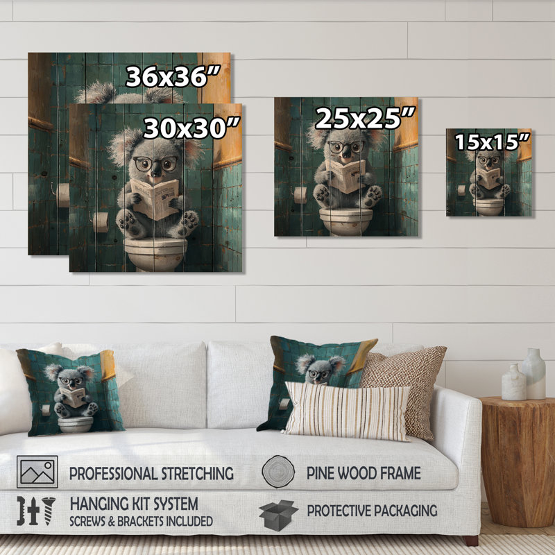 Koala avec lunettes dans la toilette II - Koala, décoration murale en bois animal - sur bois de pin naturel