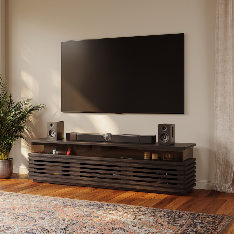 Selene Slatted Media Console With LED Lighting, No Assembly Required, Black, 20.47"H x 70.87"L x 17.72"W