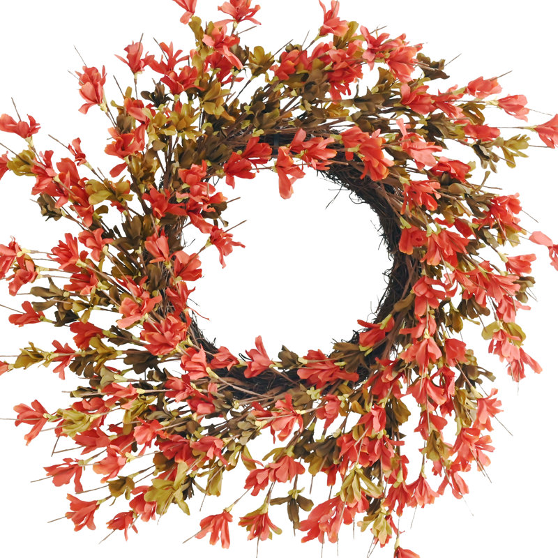Couronne en forsythia fabriquée à la main 24 po pour porte d'entrée, Orange / or