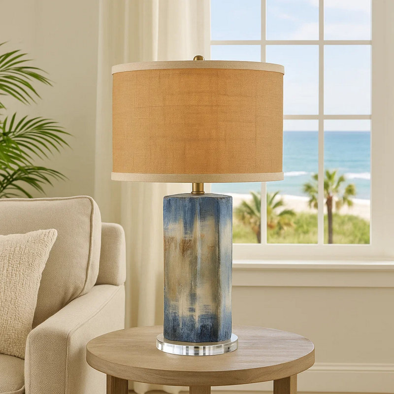 Lampe de table Absy, abat-jour en raphia ovale brun, abstrait bleu 23 po