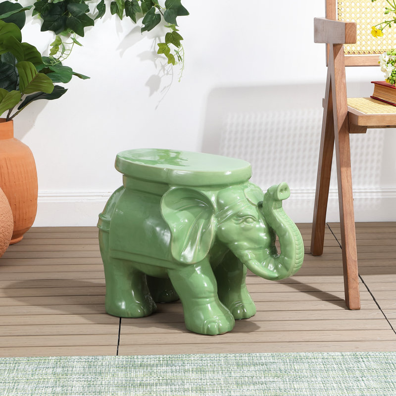 Tabouret de jardin blanc éléphant en céramique émaillée bohémienne 14,25 po White Elephant, Vert
