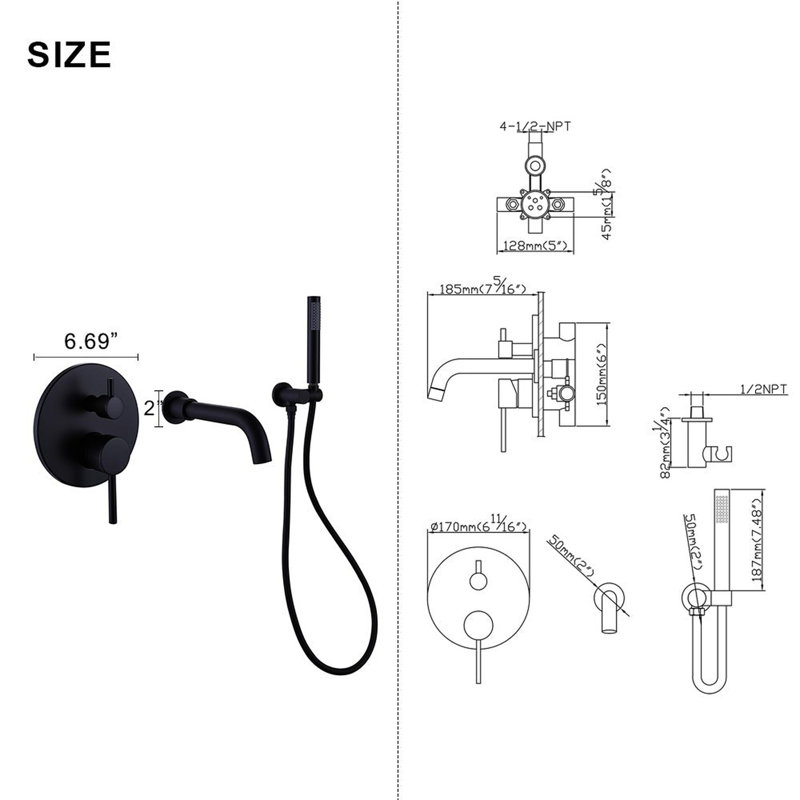 Wall Mounted Matte Black Tub And Shower Faucet 2 Handles - Brass Construction, -Balanced Valve, Rust-, Handheld Shower, Gpm, Nickel , Includes Mounting Nuts Bolts For Material, Rust Resistance, 59"