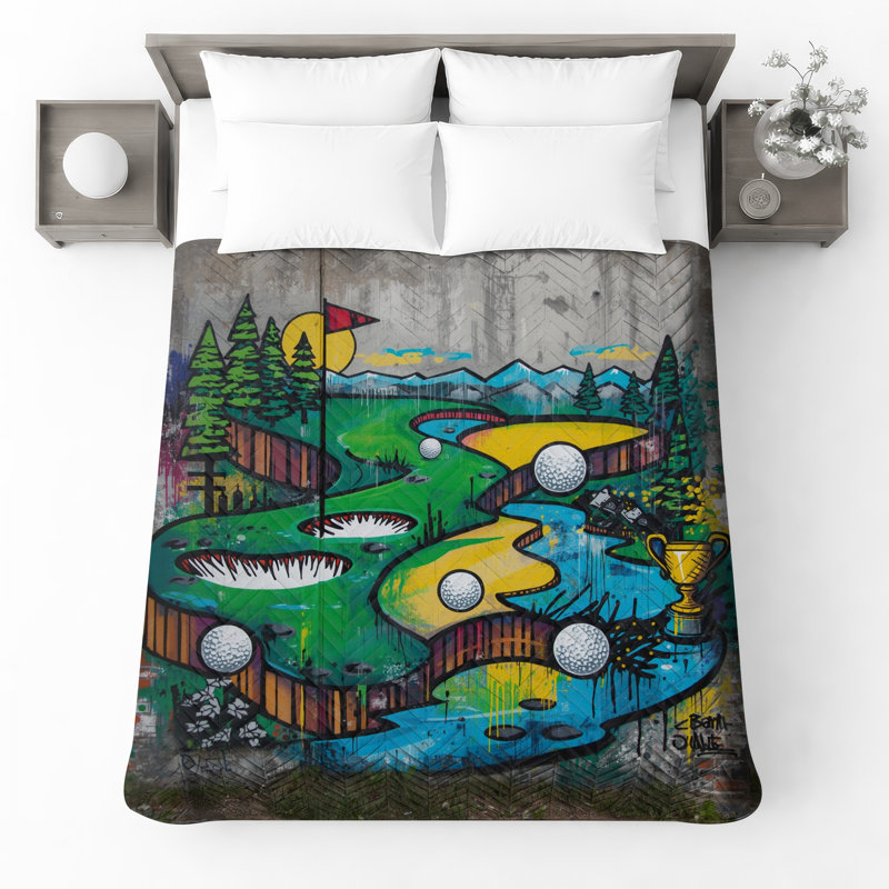 Golf Course Graffiti Quilted Bedspread All Sizes, Queen