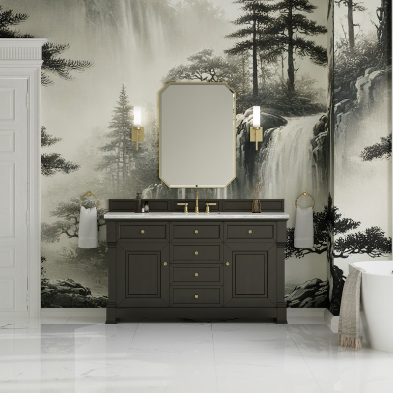 Brookfield Single Vanity, Carrara White, Widespread, Black Onyx